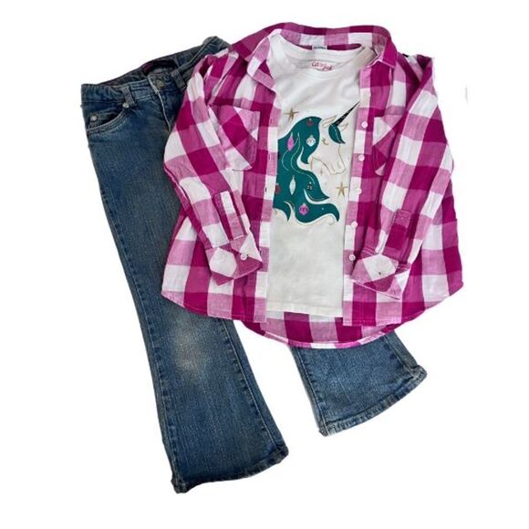 Levi's Flare Jeans Girls Outfit Christmas Tee & Plaid Buttoned Long Sleeve 6/6x - Picture 1 of 13